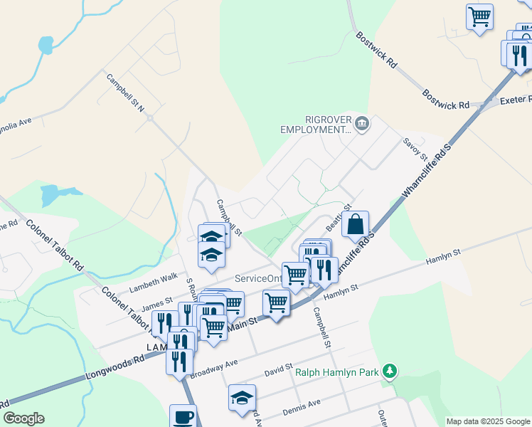 map of restaurants, bars, coffee shops, grocery stores, and more near 2363 Bakervilla Street in London