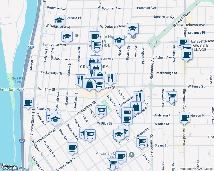 map of restaurants, bars, coffee shops, grocery stores, and more near 393 Hampshire Street in Buffalo