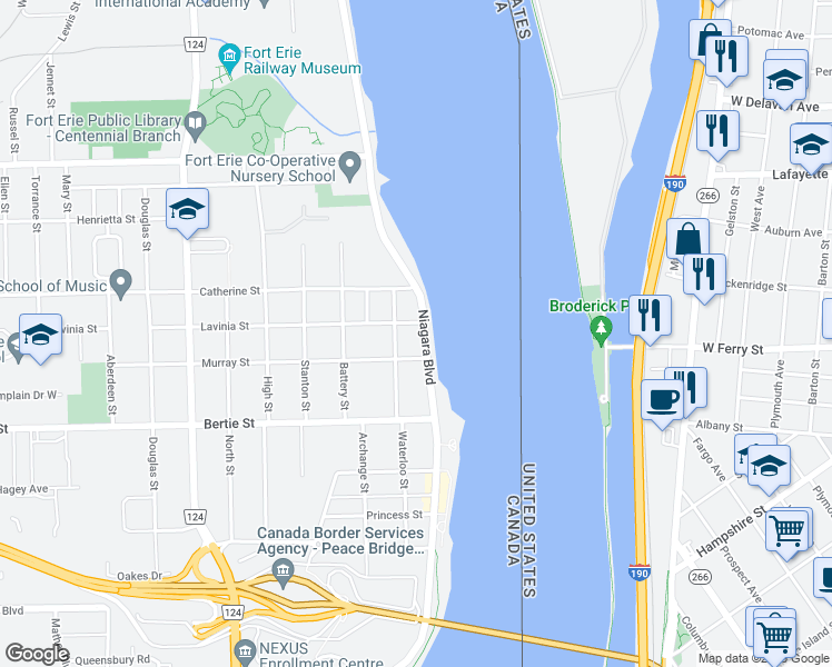 map of restaurants, bars, coffee shops, grocery stores, and more near 229 Niagara Boulevard in Fort Erie