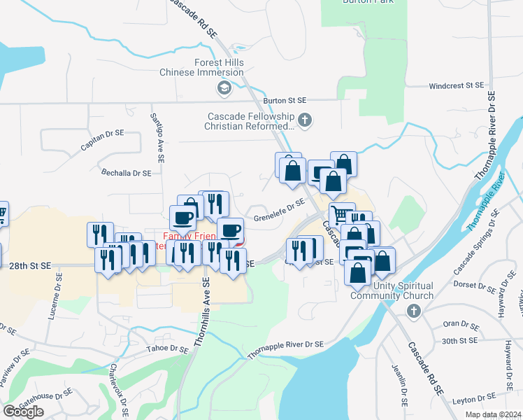 map of restaurants, bars, coffee shops, grocery stores, and more near 6631 Waybridge Drive Southeast in Grand Rapids