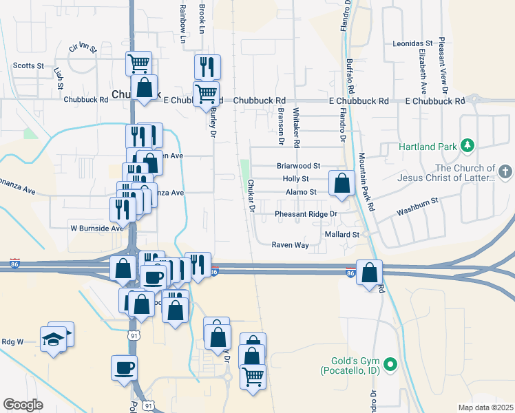 map of restaurants, bars, coffee shops, grocery stores, and more near 439 Pheasant Ridge Drive in Pocatello