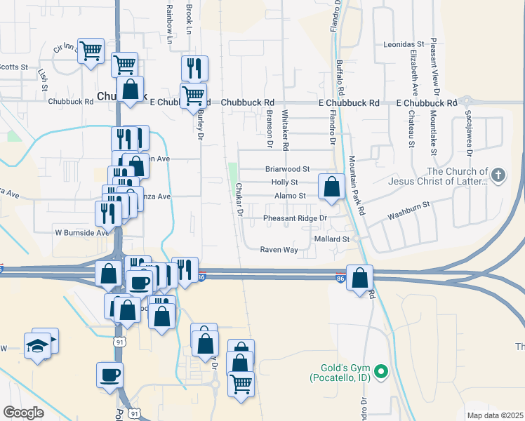 map of restaurants, bars, coffee shops, grocery stores, and more near 439 Pheasant Ridge Drive in Pocatello