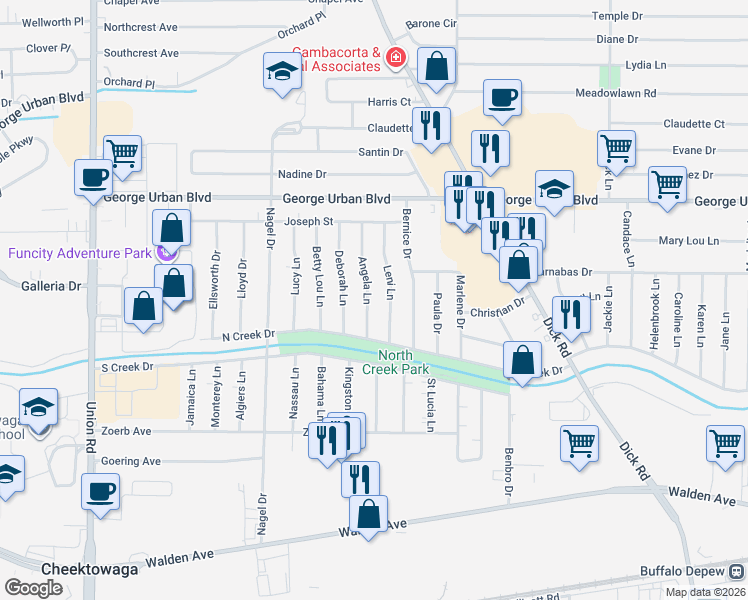 map of restaurants, bars, coffee shops, grocery stores, and more near 77 Angela Lane in Buffalo