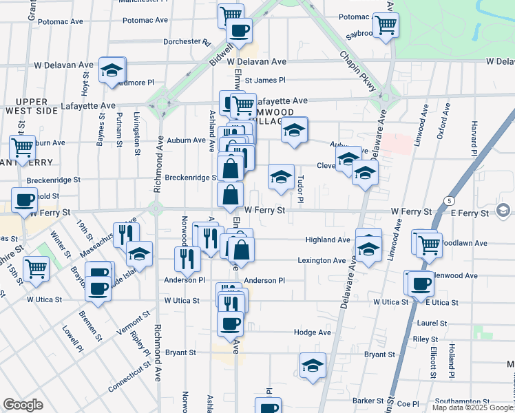 map of restaurants, bars, coffee shops, grocery stores, and more near 665 West Ferry Street in Buffalo