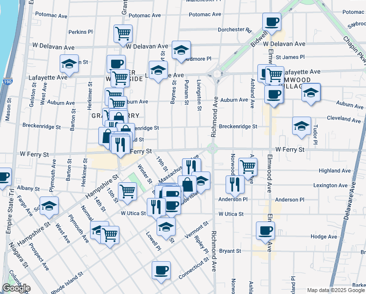 map of restaurants, bars, coffee shops, grocery stores, and more near 453 West Ferry Street in Buffalo