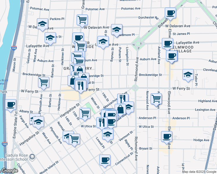 map of restaurants, bars, coffee shops, grocery stores, and more near 113 19th Street in Buffalo