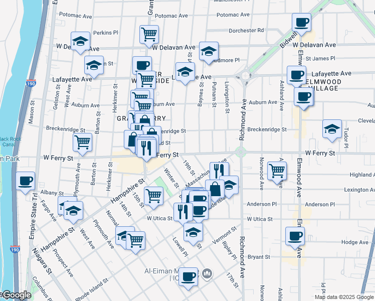 map of restaurants, bars, coffee shops, grocery stores, and more near 113 19th Street in Buffalo
