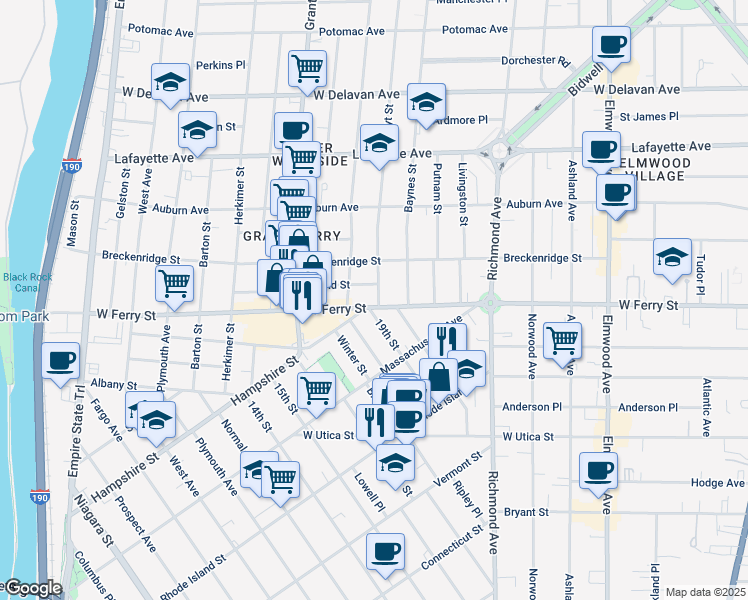 map of restaurants, bars, coffee shops, grocery stores, and more near 113 19th Street in Buffalo