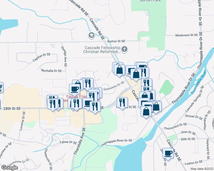 map of restaurants, bars, coffee shops, grocery stores, and more near 2661 Wyndham Drive Southeast in Grand Rapids