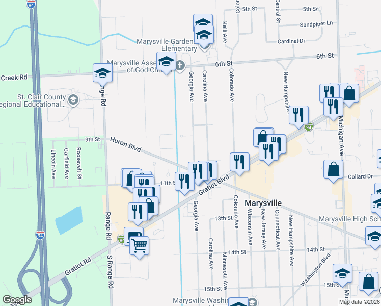 map of restaurants, bars, coffee shops, grocery stores, and more near 935 Georgia Avenue in Marysville