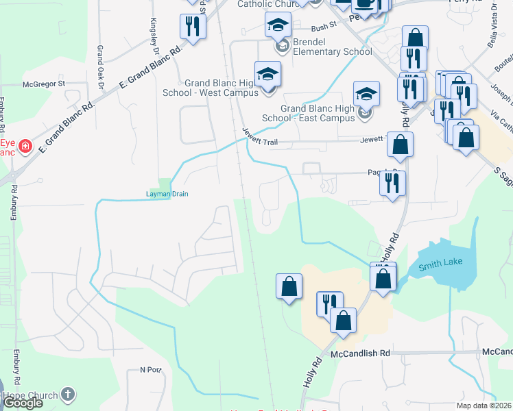 map of restaurants, bars, coffee shops, grocery stores, and more near 8089 Clover Ridge Court in Grand Blanc