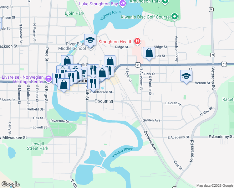 map of restaurants, bars, coffee shops, grocery stores, and more near 425 South 7th Street in Stoughton