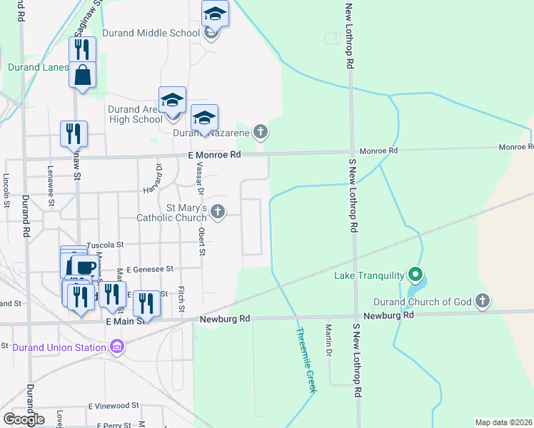 map of restaurants, bars, coffee shops, grocery stores, and more near 406 Hampton Road in Durand