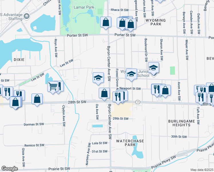 map of restaurants, bars, coffee shops, grocery stores, and more near 2715 Byron Center Avenue Southwest in Wyoming
