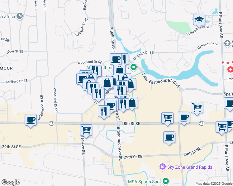 map of restaurants, bars, coffee shops, grocery stores, and more near 2605 East Beltline Avenue Southeast in Grand Rapids
