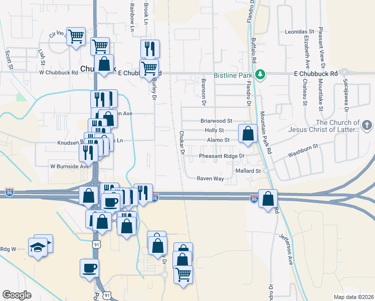 map of restaurants, bars, coffee shops, grocery stores, and more near 439 Pheasant Ridge Drive in Pocatello