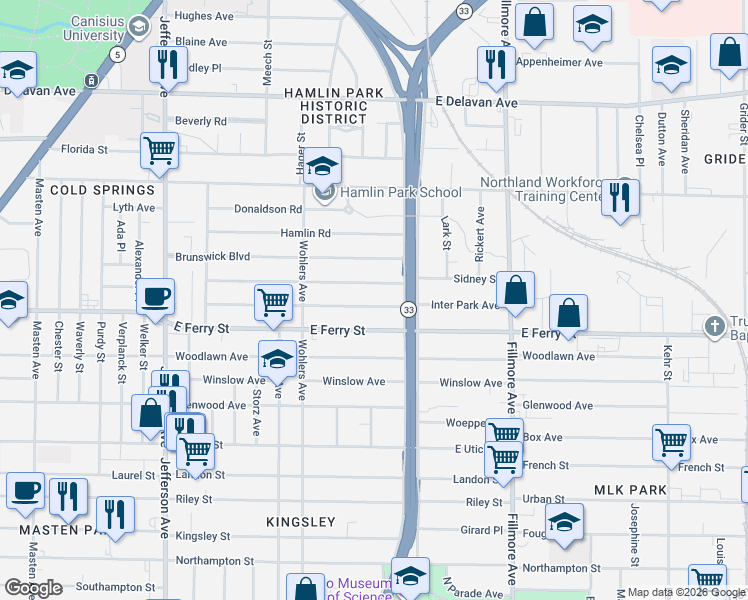 map of restaurants, bars, coffee shops, grocery stores, and more near 192 Goulding Avenue in Buffalo
