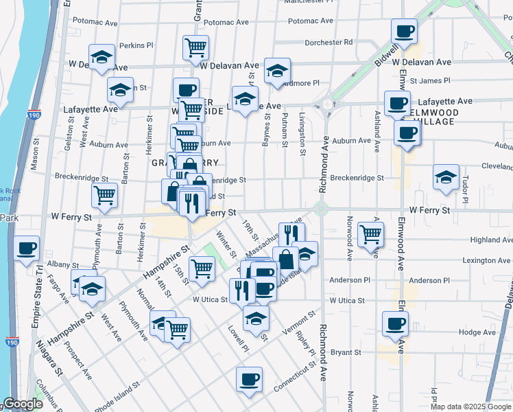 map of restaurants, bars, coffee shops, grocery stores, and more near 113 19th Street in Buffalo