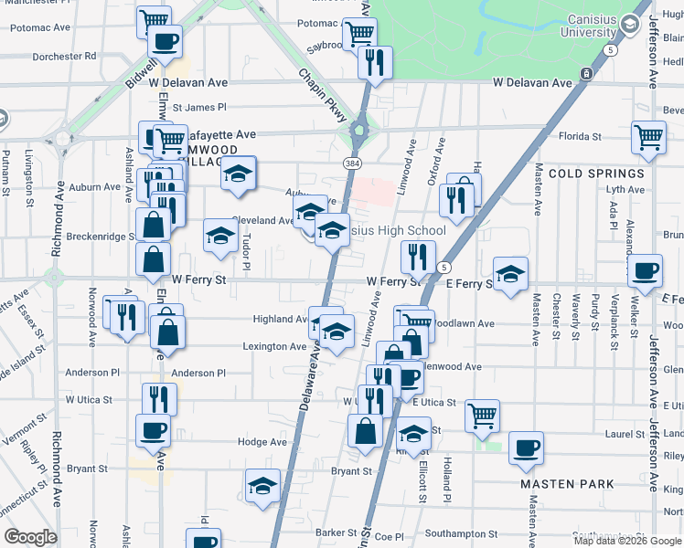 map of restaurants, bars, coffee shops, grocery stores, and more near 1141 Delaware Avenue in Buffalo