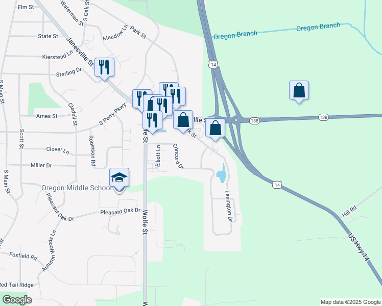 map of restaurants, bars, coffee shops, grocery stores, and more near 369 Concord Drive in Oregon
