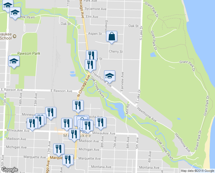 map of restaurants, bars, coffee shops, grocery stores, and more near 727 Hawthorne Avenue in South Milwaukee