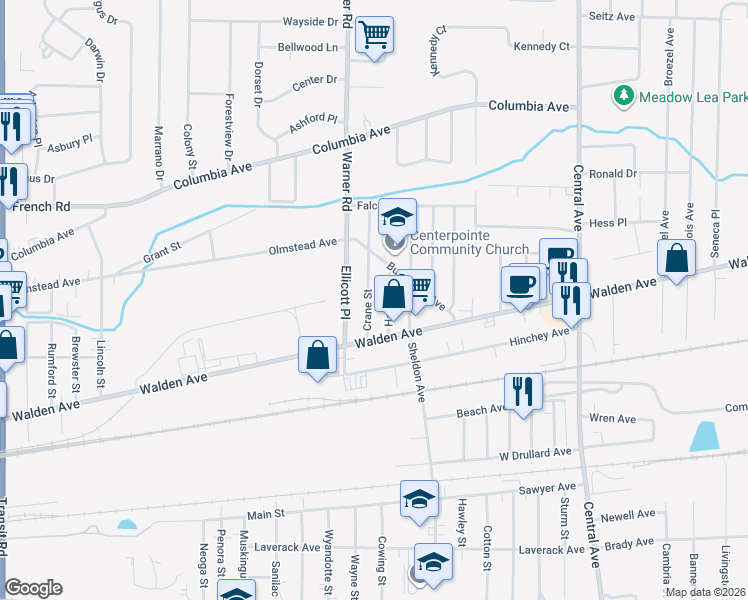 map of restaurants, bars, coffee shops, grocery stores, and more near 19 Crane Street in Depew