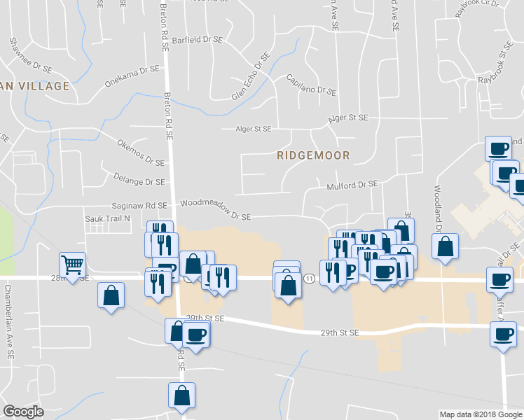 map of restaurants, bars, coffee shops, grocery stores, and more near 2629 Woodmeadow Drive Southeast in Grand Rapids