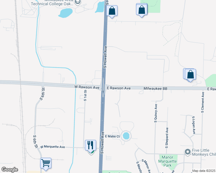 map of restaurants, bars, coffee shops, grocery stores, and more near 140 East Rawson Avenue in Oak Creek