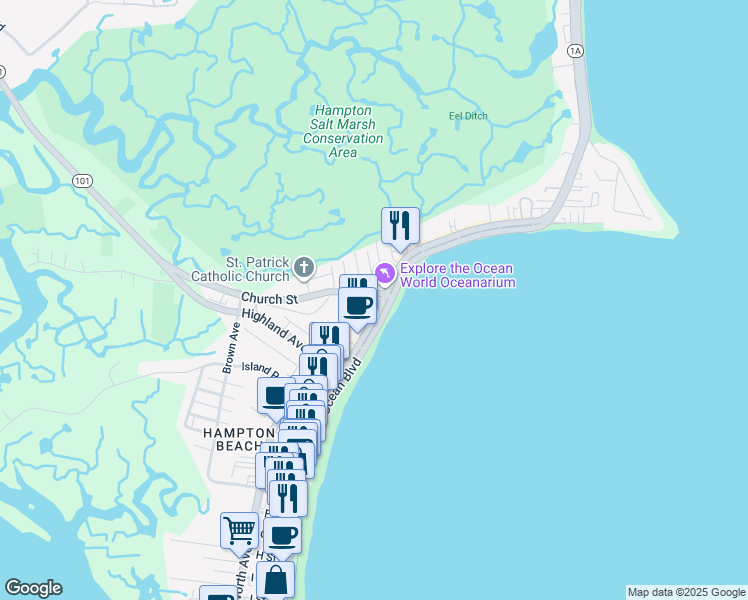 map of restaurants, bars, coffee shops, grocery stores, and more near 347 Ocean Boulevard in Hampton