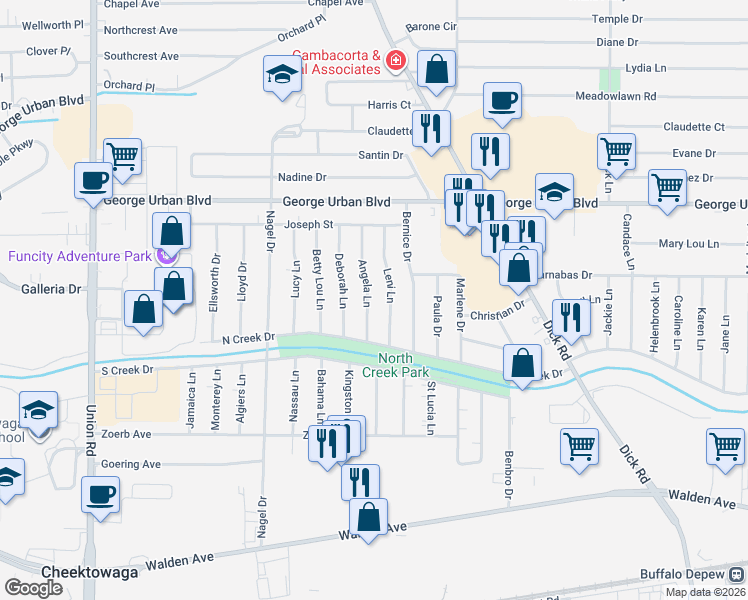 map of restaurants, bars, coffee shops, grocery stores, and more near 77 Angela Lane in Buffalo