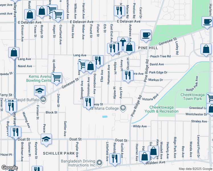 map of restaurants, bars, coffee shops, grocery stores, and more near 45 Humason Avenue in Buffalo