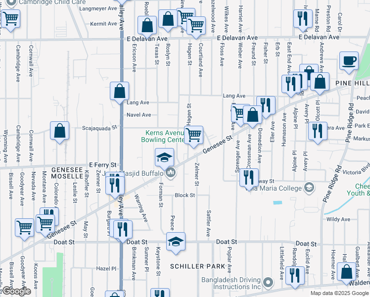 map of restaurants, bars, coffee shops, grocery stores, and more near in Buffalo