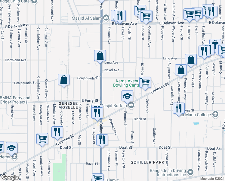 map of restaurants, bars, coffee shops, grocery stores, and more near 55 Haven Street in Buffalo
