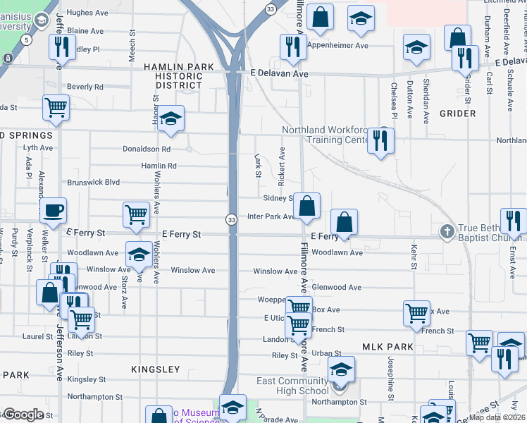 map of restaurants, bars, coffee shops, grocery stores, and more near 624 East Ferry Street in Buffalo