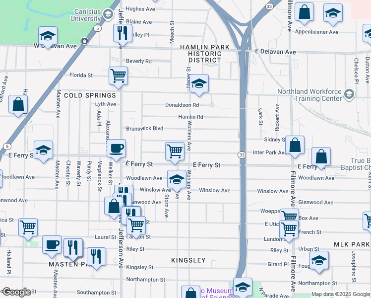 map of restaurants, bars, coffee shops, grocery stores, and more near 416 East Ferry Street in Buffalo