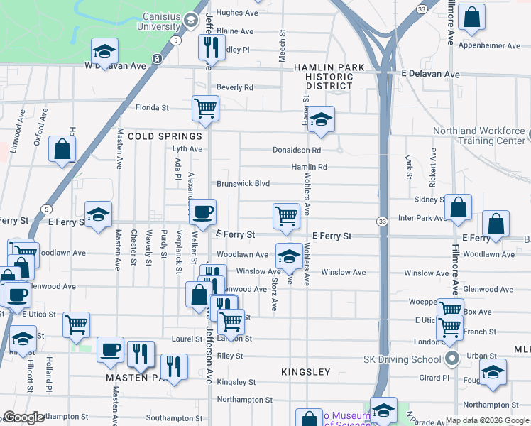 map of restaurants, bars, coffee shops, grocery stores, and more near 376 East Ferry Street in Buffalo