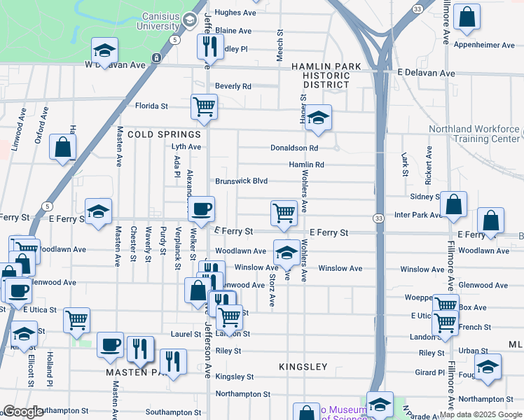 map of restaurants, bars, coffee shops, grocery stores, and more near 376 East Ferry Street in Buffalo