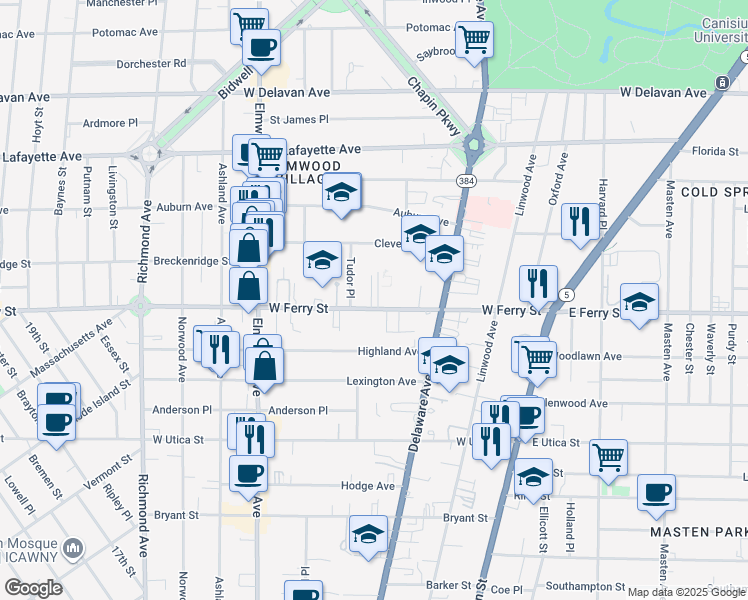 map of restaurants, bars, coffee shops, grocery stores, and more near 789 West Ferry Street in Buffalo