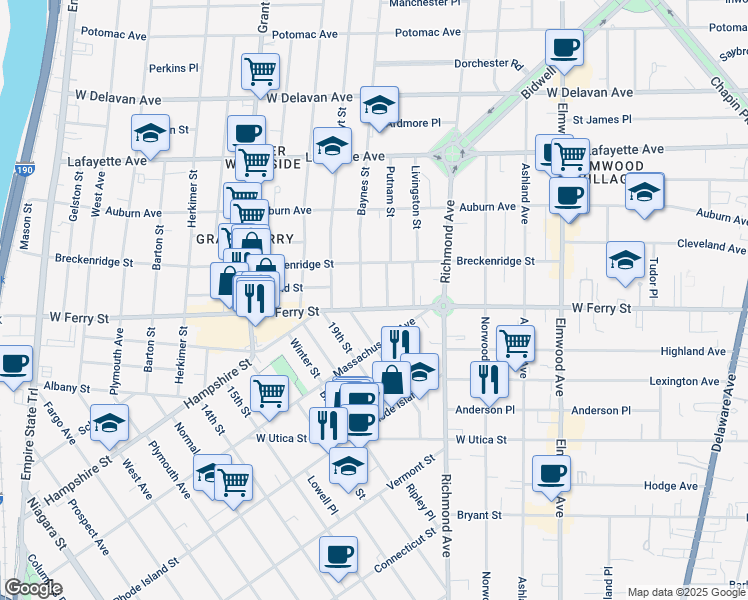 map of restaurants, bars, coffee shops, grocery stores, and more near 453 West Ferry Street in Buffalo
