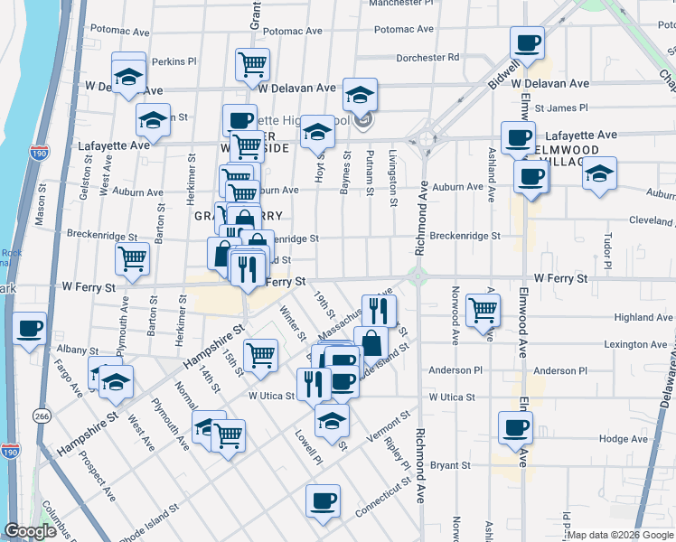 map of restaurants, bars, coffee shops, grocery stores, and more near 113 19th Street in Buffalo