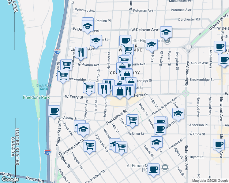 map of restaurants, bars, coffee shops, grocery stores, and more near in Buffalo