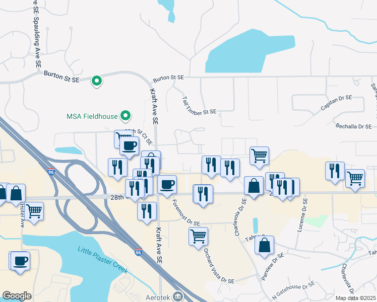 map of restaurants, bars, coffee shops, grocery stores, and more near 2673 Chatham Woods Drive Southeast in Grand Rapids