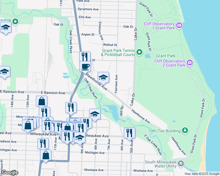 map of restaurants, bars, coffee shops, grocery stores, and more near 701 Hawthorne Avenue in South Milwaukee