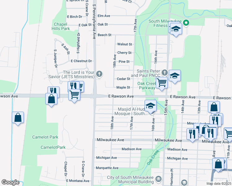 map of restaurants, bars, coffee shops, grocery stores, and more near 1606 18th Avenue in South Milwaukee