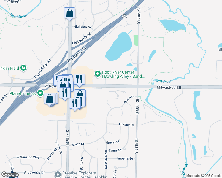 map of restaurants, bars, coffee shops, grocery stores, and more near 7100 Beachwood Court in Franklin