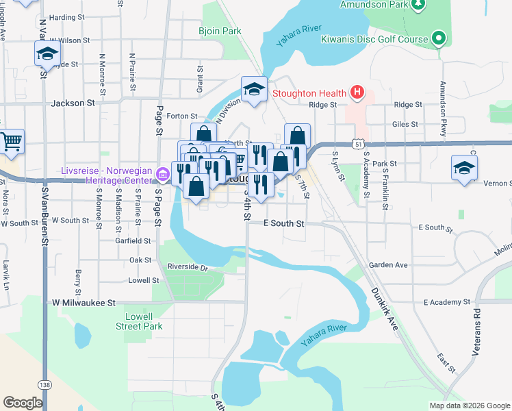map of restaurants, bars, coffee shops, grocery stores, and more near 404 Fifth Street in Stoughton