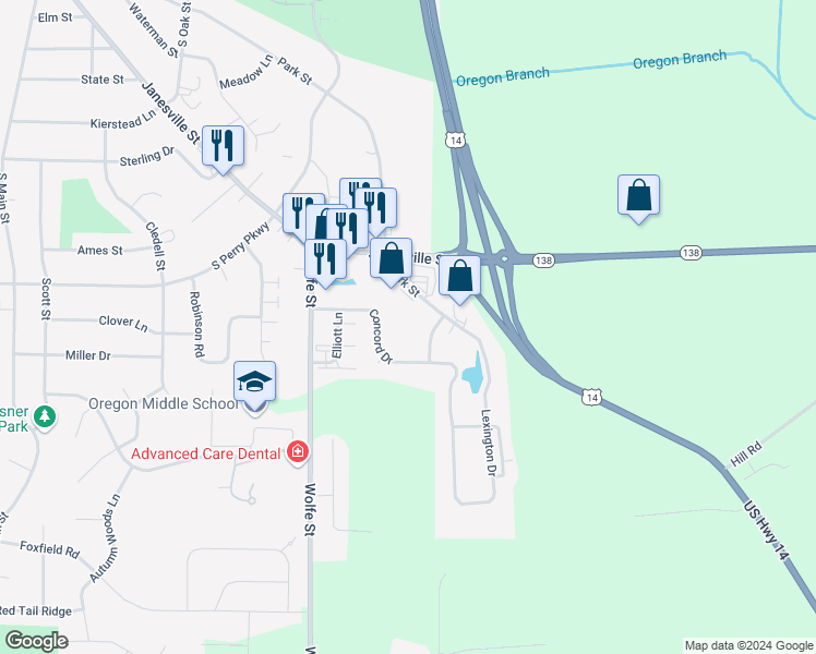 map of restaurants, bars, coffee shops, grocery stores, and more near 369 Concord Drive in Oregon