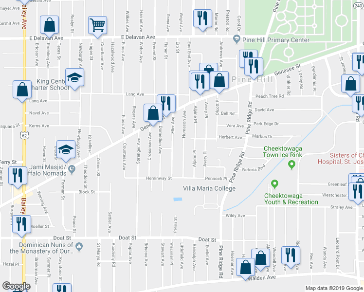 map of restaurants, bars, coffee shops, grocery stores, and more near 70 Humason Avenue in Buffalo