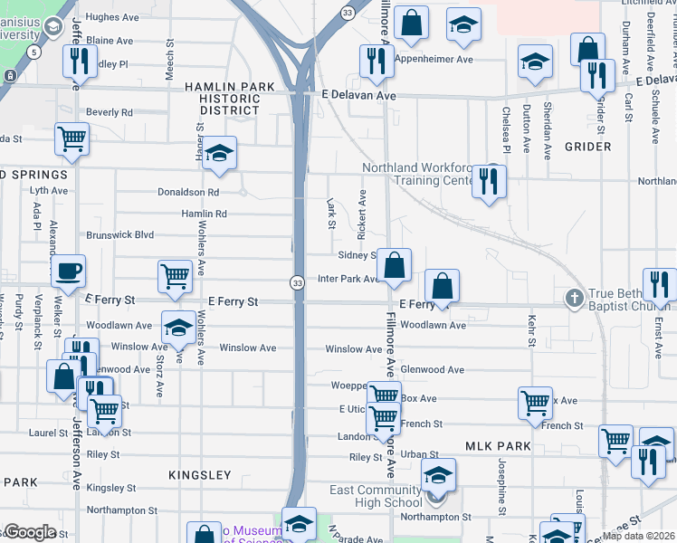 map of restaurants, bars, coffee shops, grocery stores, and more near 624 East Ferry Street in Buffalo
