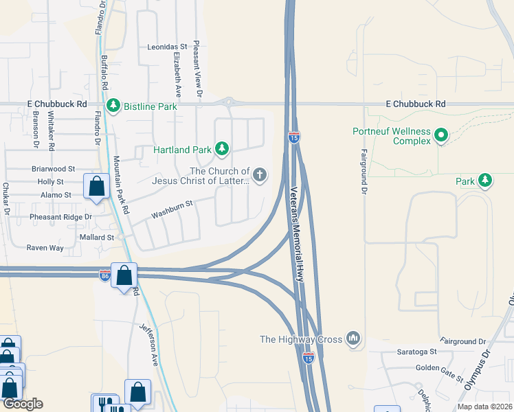 map of restaurants, bars, coffee shops, grocery stores, and more near 1090 Patriot Street in Pocatello